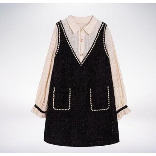 New Autumn Winter 2 Piece Set Casual Mini Loose Dress Women Elegant Turn-Down Collar Chiffon Shirt Patchwork Tweed Vest Dress