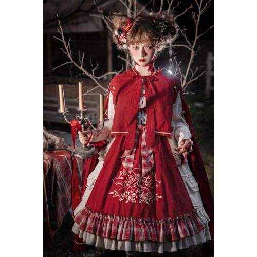 Original Design Little Red Riding Hood Womens Lolita Sleeveless JSK Dress & Long Sleeve Shirt & Cape