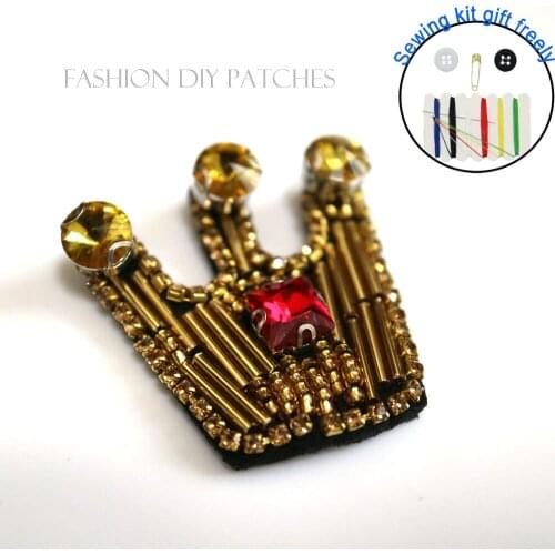 1PC 3D Handmade Crown Patches for clothing DIY sew on sequin rhinestone parches Beaded appliques for hats bags