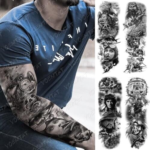 Large Arm Sleeve Tattoo Airplane soldier Pilot Waterproof Temporary Tatto Sticker Sailing Compass Body Art Full Fake Tatoo Men