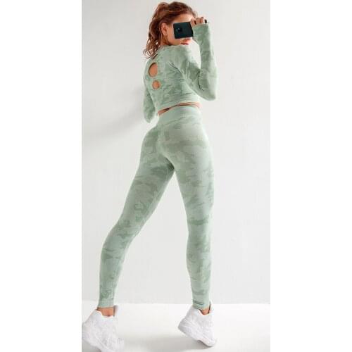 Explosion seamless camouflage suit womens high elasticity Slim fitness yoga sports two-piece suit