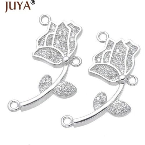 Elegant Fashion Copper Zircon Crystal Rose Flower Pendants For Jewelry Making DIY Bracelet Necklace Jewellery Connector Charms