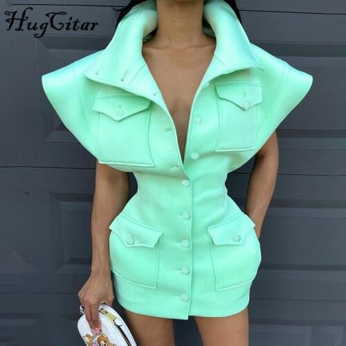 Hugcitar 2021 Sexy Party Club Bodycon Dresses For Women Autumn Solid Sleeveless Button Pockets Mixi Dress Female Streetwears Y2K