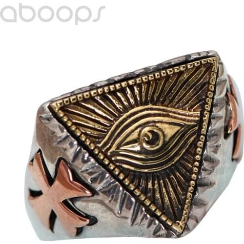Tricolor 925 Sterling Silver Freemason Masonic Ring with Cross for Men Women,All Seeing Eye,Adjustable Size 8.5-11,Free Shipping
