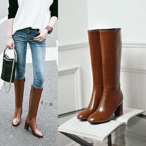 Brown retro boots autumn and winter new solid color simple high-heeled side zipper high-tube womens boots knight boots