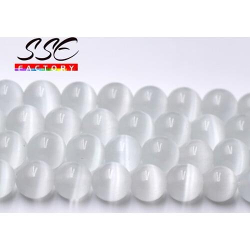 Wholesale White Cat Eye Stone Round Beads 4 6 8 10 12mm Glass String Loose Opal DIY Charm Bracelets Beads For Jewelry Making 15"