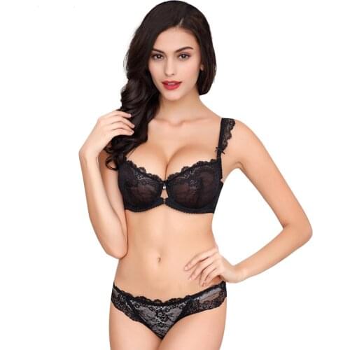 Lace Bra Set Transparent Underwear Women Summer Newest Ultra-thin Plus Size Push Up Sexy Lingerie D Cup 90C 90D 95D White/lilac