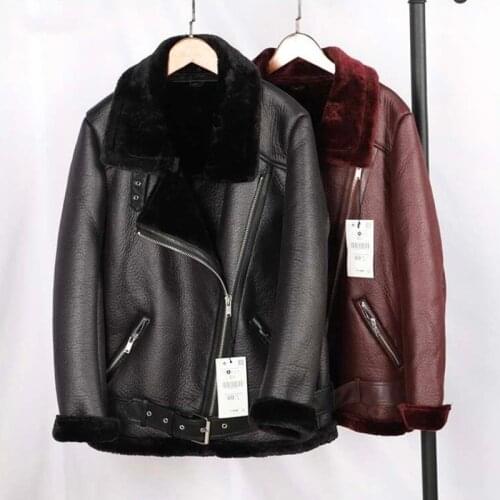 Winter New Coats Women Thickness Faux Leather Fur Sheepskin Wool Female Leather Jacket Aviator Outwear Zipper Casaco Feminino