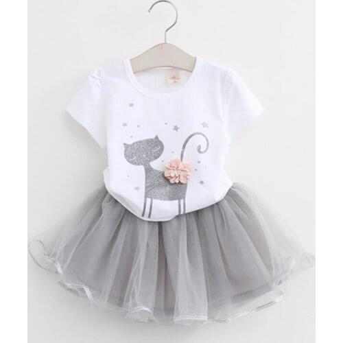 2pcs Baby Girl Set 2-6 Years Summer Clothes Set Cotton Cartoon Cat T-shirt+ Mesh Skirt Kids Clothing KF529