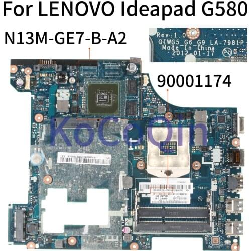 KoCoQin Laptop motherboard For LENOVO Ideapad G580 GT610M 15' Inch Mainboard QIWG5 G6 G9 90001174 LA-7981P SLJ8E N13M-GE7-B-A2