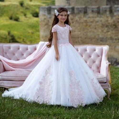 Cute Pink Lace Appliques Short Sleeves First Communion Dresses Kids Pageant Dresses Flower Girl Dresses