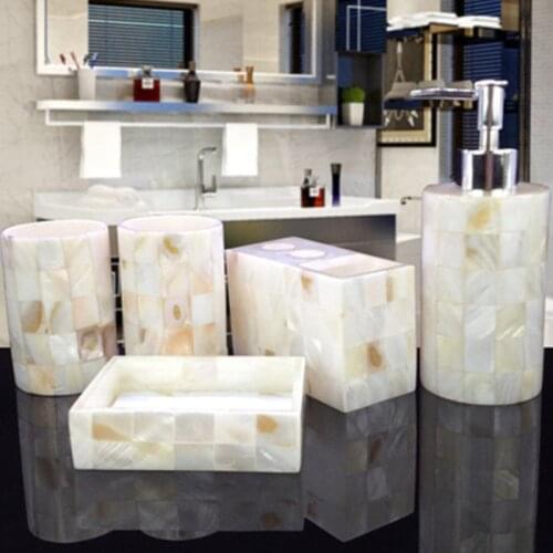 WSHYUFEI Luxury Shell Bathroom Set-Wedding Gift-Bathroom Five-piece Set with Shell Tray-Toothbrush Holder-Home Decoration