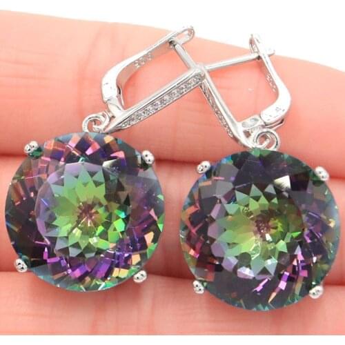 35x20mm Big Round 20mm Jewelry Set Created Fire Rainbow Mystic Topaz Womans Dating Silver Earrings Pendant