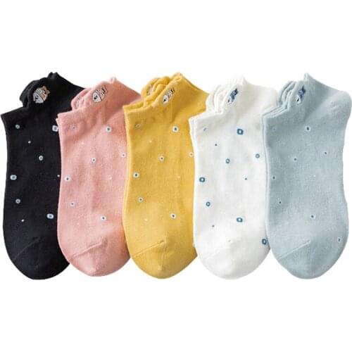 Cartoon Animals Female Socks Solid Color Embroidery Cotton Womens Boat Socks Girls Female Ankle Socks Shallow Mouth Socks