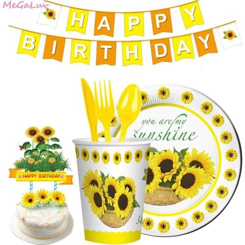 Sunflower Party Supplies Disposable tableware paper Plates Happy Brithday CupsCake Toppers Banner Hanging Swirls for Boy Girls