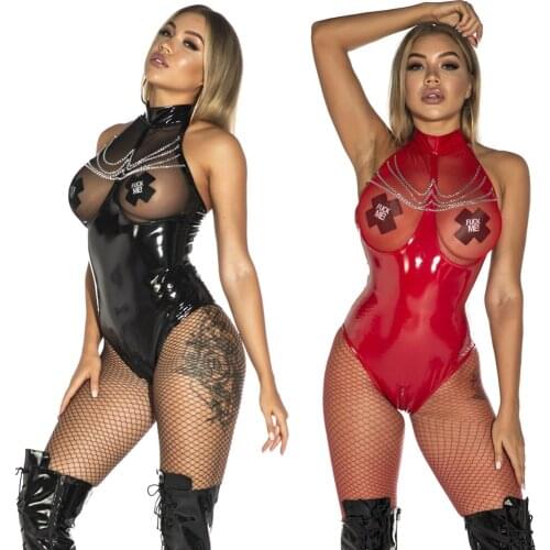 Sexy Wetlook Faux Leather Catsuit Zipper Open Crotch Bodysuit Mesh Through Breast Exposing Jumpsuit Erotic Pole Dance Lingerie