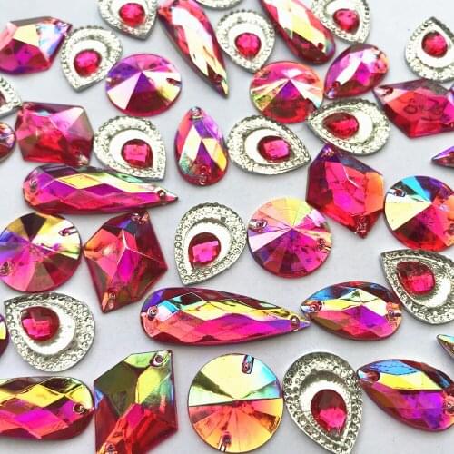REMARKABLE Fuchsia Pink AB Sew-On Mixed Shape Flat Back Diy Stones and Crystals Rhinestones Sewing for Handicrafts Wedding Dress