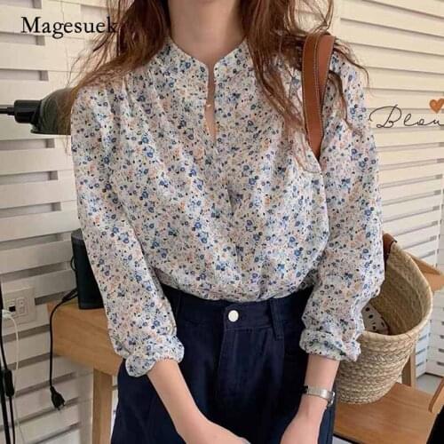 2020 New Autumn Korean Sweet Floral Elegant Blouse Long Sleeve Fashion Loose Chic Retro V-neck Shirt Women chemisier femme 10189