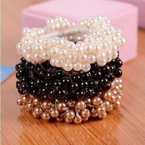 Fashion Women Simulated-pearl Bead Hairband Bun Ponytail Holder Elastic Hair Tie Band Scrunchie Engagement Gifts Girl Party Gift