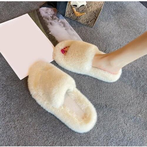 Furry Fur Home Slippers Women Flip Flops Woman Faux Fur Slip On Slides Plush Indoor Slipper Plush Ladies Flat Female Home Shoes