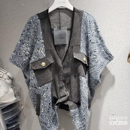 European 2020 Autumn New Patchwork Denim Knitted Sweater Design Waistcoat Sleeveless Casual Loose Batwing Vest Coat Women