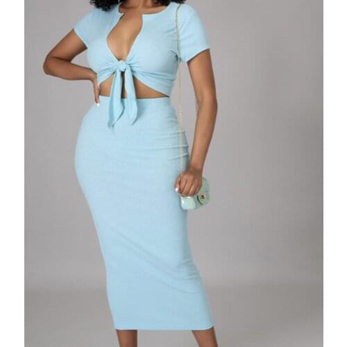 2 Piece Beach Leisure Vacation Womens Suit Summer 2021 Solid V-neck Short Sleeve Crop Tops Midi Skirt Sets Femme Streetwears