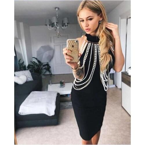 3 Color Halter Bead Chain Backless Bodycon Women Bandage Dress Rayon Celebrity Party Dress Night