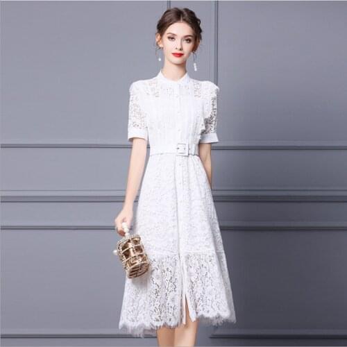 White Hook Flower Hollow A-Line Summer Long Business Women Skirt Spring Sweet Ladies Dress Elegant OL Slim Female Autumn Dresses
