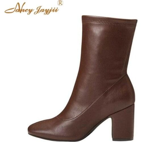 Winter Women Adult Boots Ladies Shoes Ankle Zipper Round Toe High Square heels Mature Concise Fashion Sexy 2019 Brown Classic