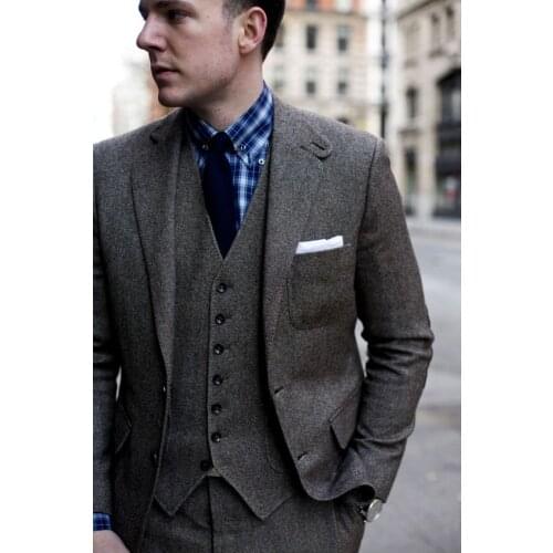 2017 Latest Coat Pant Designs Smoking Grey Tweed Skinny Men Suit Slim Fit 3 Piece Suits Stylish Tuxedo Custom Blazer Masculino