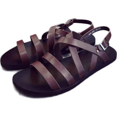 2020 New Summer Mens Sandal Shoes Black/Brown Rome Leather Sandals Men Summer Beach Gladiator Zapatos Hombre, Size 38-43