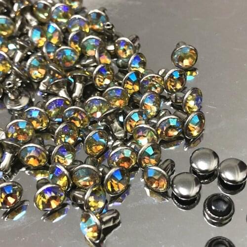 6MM 50Set CZ++ Light Yellow AB Crystal AB Plated Rivets Silver Plated Studs Assorted Cabochon Rivets Fit for Leather-Craft