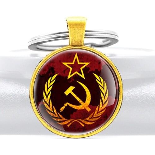 Classic Soviet Sickle Hammer Design Glass Cabochon Key Chain Charm Men Women Communism Pendant Key Rings
