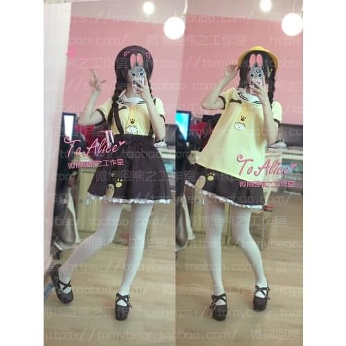 Kawaii Japanese Kindergarden Style 2PCS Set White Bear Embroidery Sailor Collar Summer T-shirt Tee Top + Suspender Overall Skirt