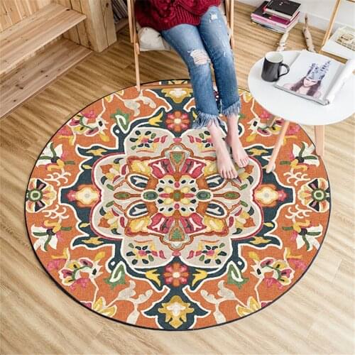 Ethnic Style Round Carpet Velvet Big Rugs for Living Room Europe Classical Flower Area Rug for Bedroom Faux Fur Rug