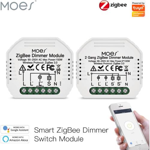 Moes Mini DIY Tuya ZigBee Smart 1/2 gang Light Dimmer Switch Module Hub Required Smart Life App Alexa Google Home Voice Control
