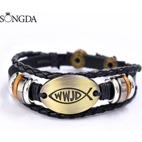 WWJD Fish Multilayer Beaded Leather Bracelet for Men and Women Religious Jesus Braided Bangles Fashion Jewelry Decorations Gifts