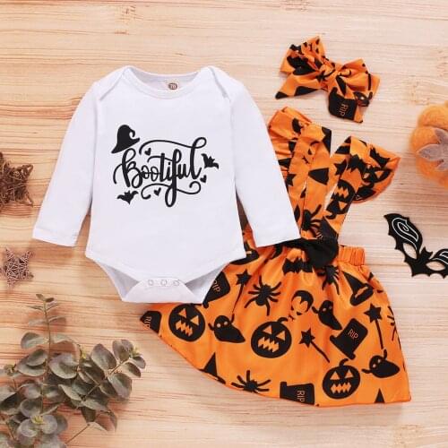 Fashion Newborn Infant Baby Girls Halloween Long Sleeve Letter Printed Romper Tops+Strap Skirt Headbands 3 Piece Outfits Set#p4