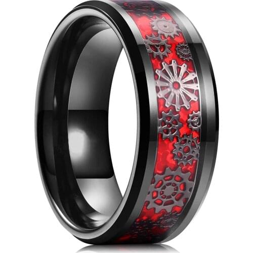 Mens Steampunk Gold Gear Wheel Stainless Steel Ring Dragon Inlay Red Blue Carbon Fiber Ring Gothic Mens Wedding Band Size 6-13