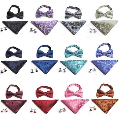 Men Paisley Pre-tied Tuxedo Bow Tie Cufflinks Handkerchiefs Pocket Square Set BWTHZ0312