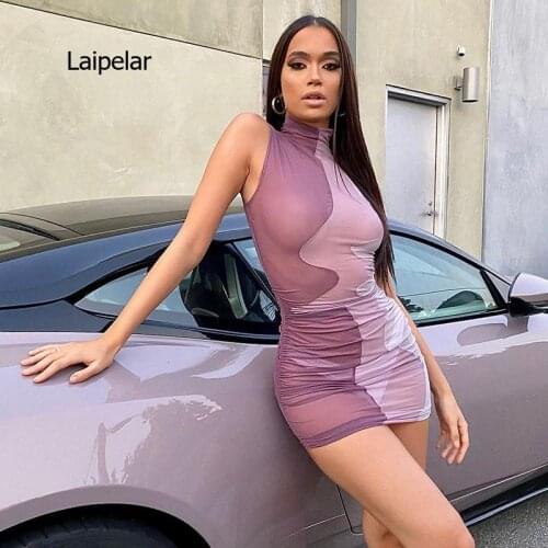 Sexy Stitched Sleeveless 2021 Spring Summer See Through New Contrast Slim Beach Dress