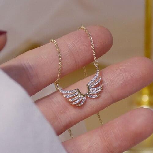 14k Real Gold Angel's Wings Necklace for Women Shining Bling AAA Zircon Clavicle Chain Charm Wedding Pendant Jewelry