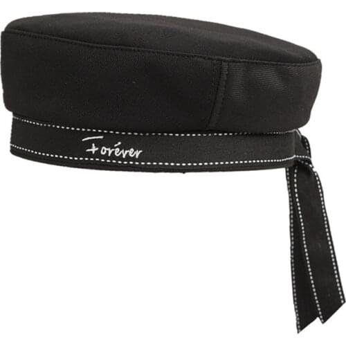 Hat for Women Spring Autumn Fashion Ribbon Bow Beret Korean Version Wild Navy Hat Military Cap Letter Embroidery Cute Female Hat