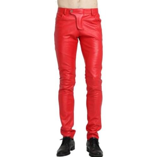 Spring red faux leather pants mens feet pants motorcycle pu trousers for men personality fashion Windproof and waterproof