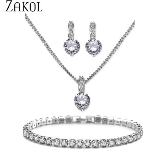 ZAKOL 3 Pcs Round AAA Cubic Zirconia Earrings Necklace Bracelet Sets for Women Wedding Party Dinner Dress Jewerly Gifts SP3393