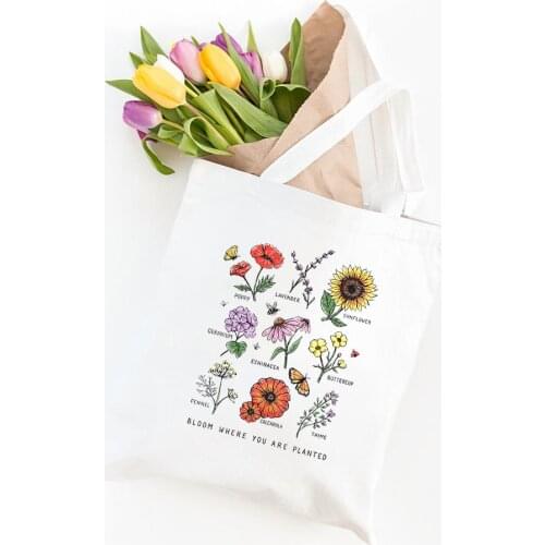 Bloom Where You Are Planted Summer Women Casual Shoulder Bag Large Capacity Flower Print Canvas Harajuku Grocery Shopper Bags