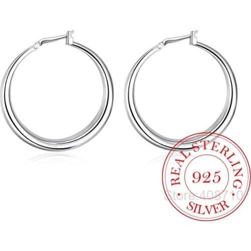 Solid Big Smooth Circle Hoop Earrings Brincos 925 Sterling Silver Simple Party Round Loop Earrings for Women Jewelry