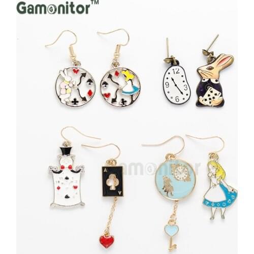 4 style Choose Women Gifts Gift Rabbit Clock Poker Party Cartoon Icon Earrings Alice in Wonderland Stud Earrings