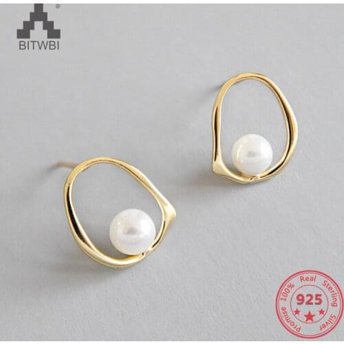 Drop Shipping 100% 925 Sterling Silver Hollow Irregular Earrings for Women Pearl Stud Earrings Gold Color Jewelry