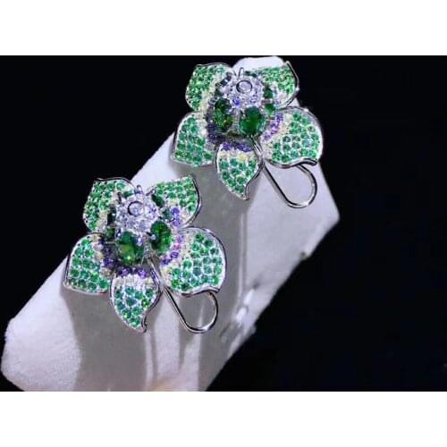 Green color 925 sterling silver with cubic zircon flower stud earring fine women jewelry free shipping